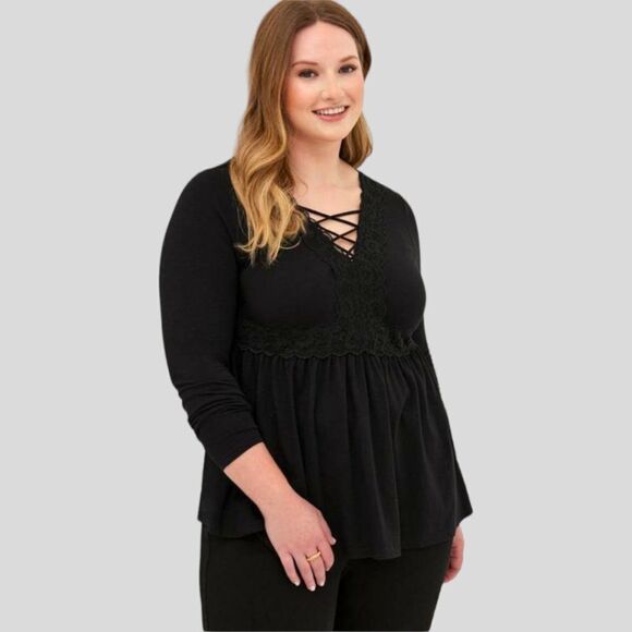 TORRID PLUS SIZE Black Babydoll Super Soft V-Neck Lace-up Lace Trim Top. 2X - Picture 1 of 16